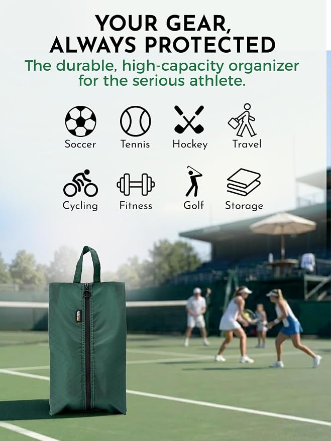 2 Pack Shoe Bags for Travel, Water-Resistant Organizers, Green | 100D Composite Nylon, Translucent Design, Large Capacity, Odor and Dust Protection For Gym, Soccer, Golf, Tennis, Baseball
