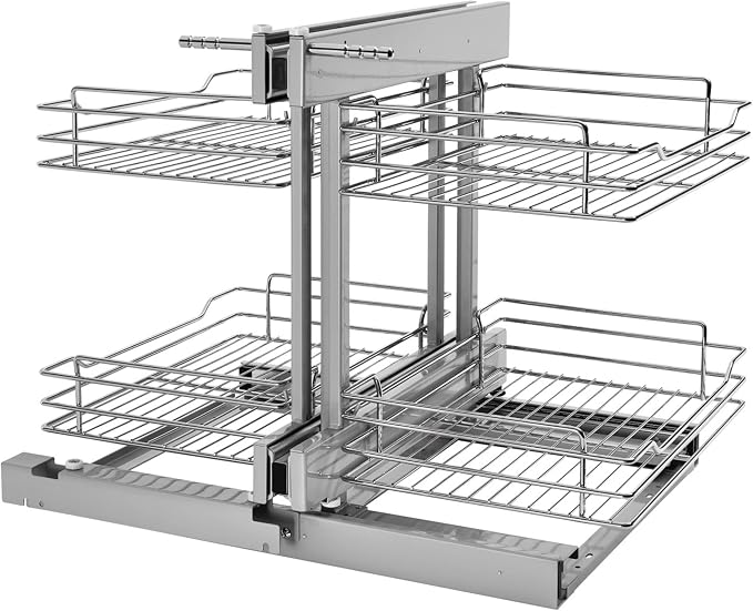 Rev-A-Shelf Chrome Two-Tier Wire Bottom Pullout Organizer with Soft-Close for Blind Corner Base Kitchen Cabinets, Adjustable 4-Basket Storage System, Min Opening Width of 15", 5PSP-15SC-CR