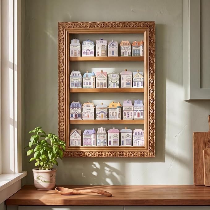 Chunful Vintage Wooden Spice Rack for 24 Jars Gold Ornate Frame Village Style Hanging Spice Shelf Wall Mounting Kitchen Storage Display Shelf Holiday Decorative Kitchen Decoration