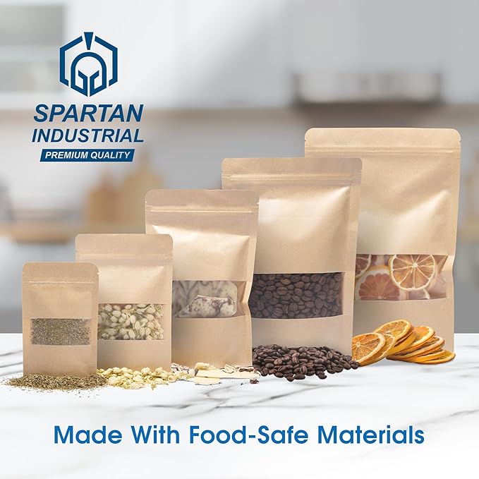 Spartan Industrial - 5" X 8" Kraft Zip Top Food Storage Bags - Pack of 100 Smell-Proof Resealable Pouches for Packaging Coffee, Tea, Spices, Snacks, and More