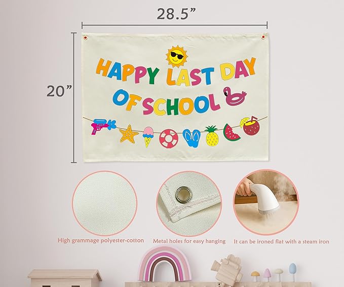Happy Last Day of School Banner, Beige Cotton Canvas Classroom Wall Hanging Sign, End of Year Graduation Decor for Preschool Kindergarten Elementary Photo Backdrop, Teacher Gift 28.5x20 Inch