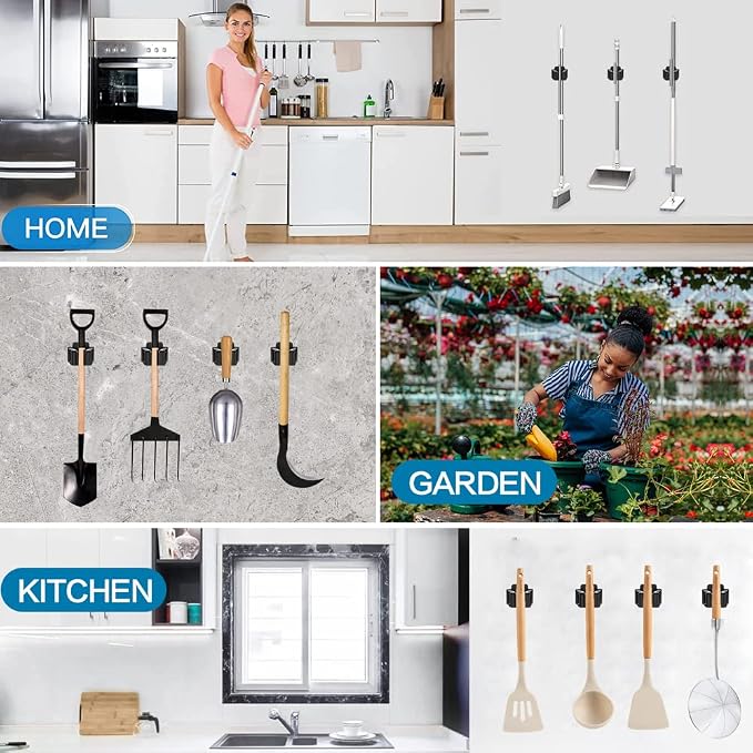 JAMEND CLXP 6PCS Broom and Mop Holder, Heavy Duty Garden Tool Organizer Rack Rake and Shovel Handle, Stainless Steel Mop Hanger. Screws for Wall Mounted. Matte Black