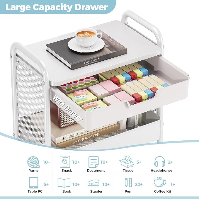 3 Tier Metal Rolling Utility Cart with Drawer & Pegboard - Multifunctional Storage Cart on Wheels with Tabletop, Hooks & Basket, Sturdy Craft & Art Cart for Bathroom, Bedroom, Children Room, White