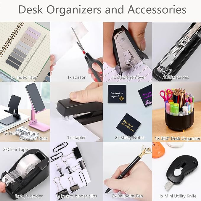 Office Supplies,Desk Accessories,with Stapler,Tape Dispenser,Staple Remover,Scissor,Ballpoint Pen,Sticky Notes,Clear Tape,Staples,Desk Organizer,Phone Stand,Binder,Index Tabs,Best Gift Set(Black)