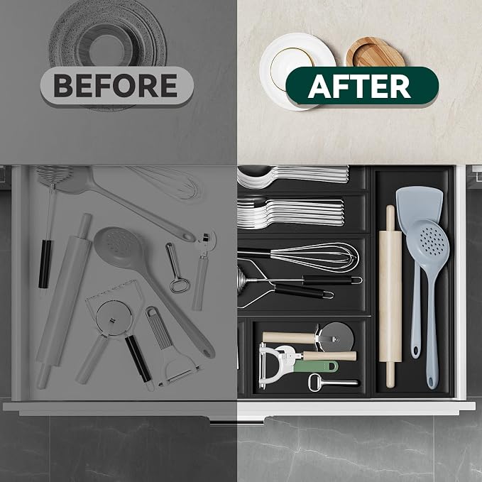 Lixple Bamboo Kitchen Drawer Organizer - Set of 2, Stackable Utensil Organizers, Wooden Storage Box Tray for Cabinet, Pantry, Bathroom Countertop, Multi-use Organization and Storage (Black)