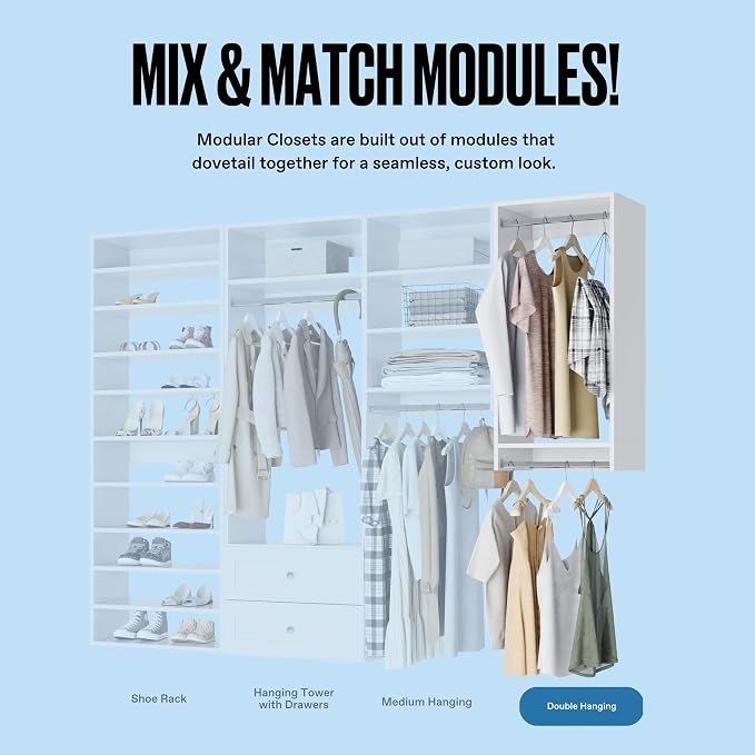 Double Hanging Closet Unit - Modular Closet System For Hanging - Corner Closet System - Closet Organizers And Storage Shelves (White, 25.5 inches Wide) Closet Shelves