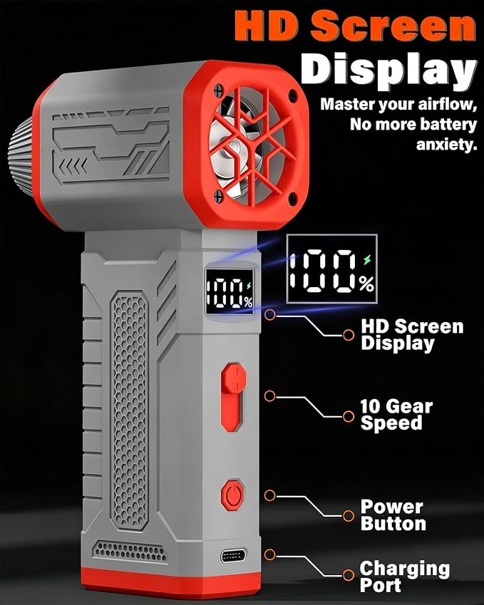 FT08 Compressed Air Duster, 1-10 Stepless Speed Adjustable | Powerful Electric Dust Blower with Display , 130000RPM Brushless Motor, Jet Fan for Keyboard PC Car Outdoor, Gray, 2-in-1