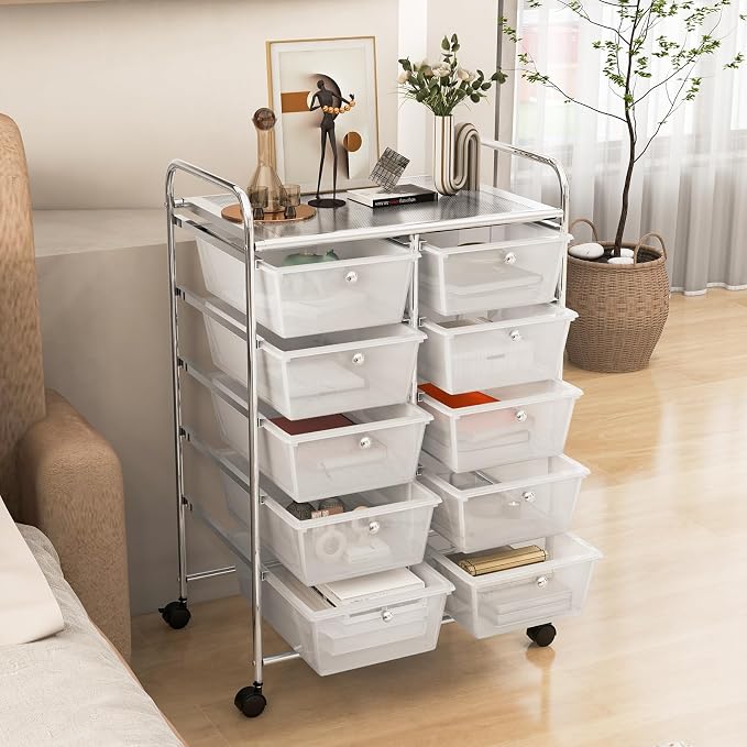 COSTWAY 10 Drawer Rolling Storage Cart, Utility Cart with Lockable Wheels | Mobile Art Supply Craft Organizer with Metal Frame, Multipurpose Drawer Cart for Paper for Office, School, Transparent