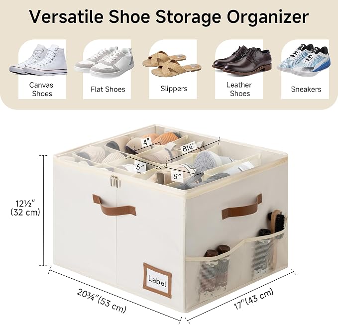 StorageWorks 2-Pack Shoe Storage Box for Closet, Sandal Organizer, Beige | Up to 32 Pairs, 12 Shoe Slots Each, Fixed Compartments, Clear Lid, Label Window, Side Mesh Pocket, Fits Flats & Low-Tops