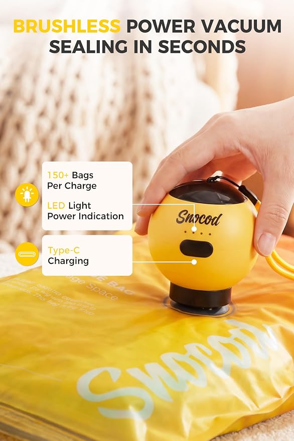 Travel Vacuum Bags with Pump, 15 Pack Vacuum Storage Bags for Clothing, Brushless Motor Type-C Rechargeable Pump, Compression Packing Bags for Travel, Suitcase, Closet and Home Storage, Yellow