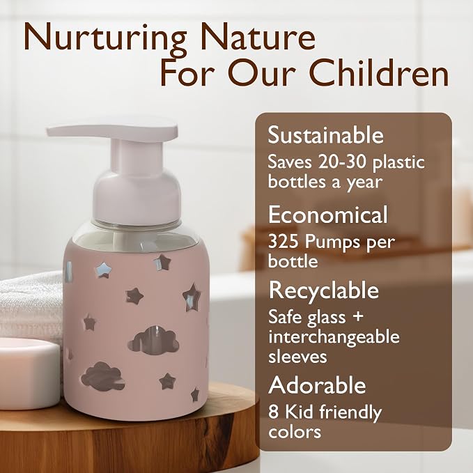 SoCal Suds & Company Foaming Hand Soap Dispenser Glass, Liquid Soap Pump with Cloud & Star Sleeve, Refillable Bottle for Kids, Baby Wash & Shampoo, Ideal for Bathroom & Kitchen Use, Light Pink, 8oz