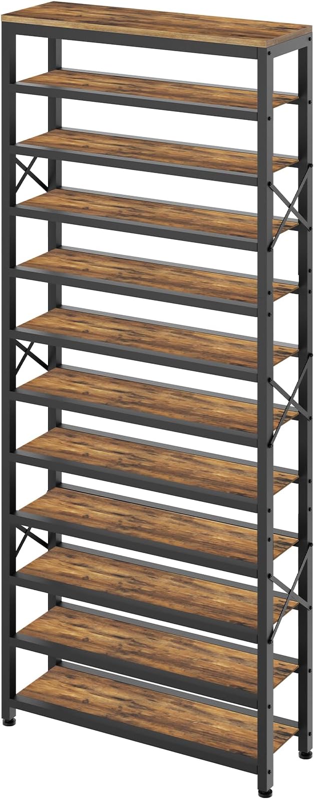 YATINEY 12-Tier Tall Shoe Rack Organizer, Wooden Shoe Storage for Closet Holds 48 Pairs, Sturdy Shoe Shelf with X-Shaped Metal Support, for Entryway, Bedroom, Rustic Brown and Black SS212BR