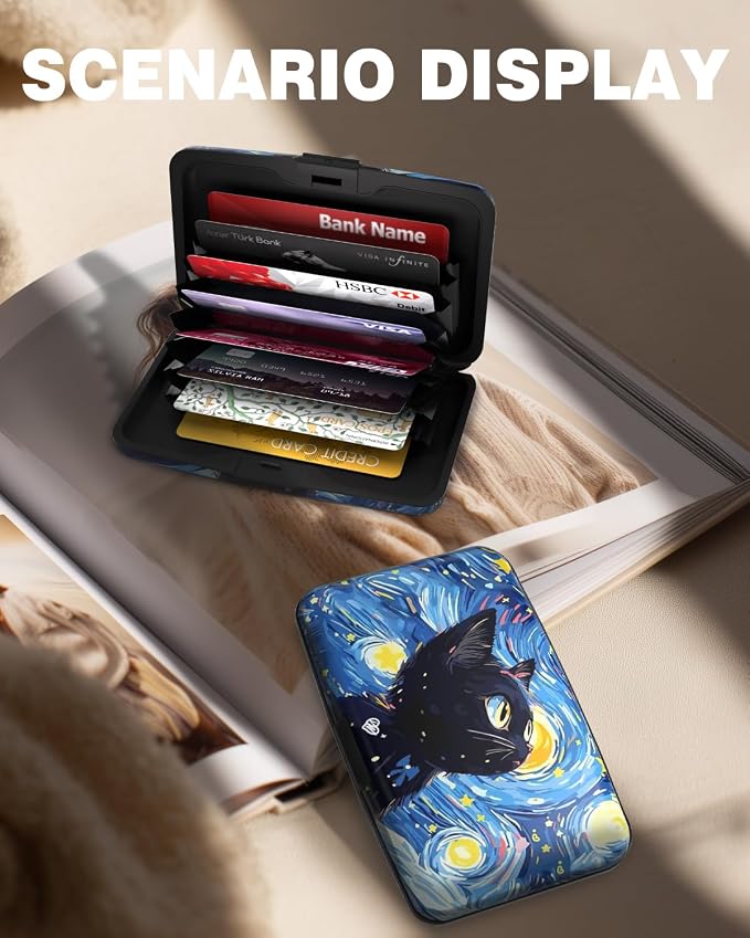 Maicican Credit Card Holder, Mini RFID Blocking Aluminum Wallet | Slim Metal Hard Case Travel Wallet ID Case for Women and Men, 4.3 x 2.9 Inches, Starry Sky and Black Cat