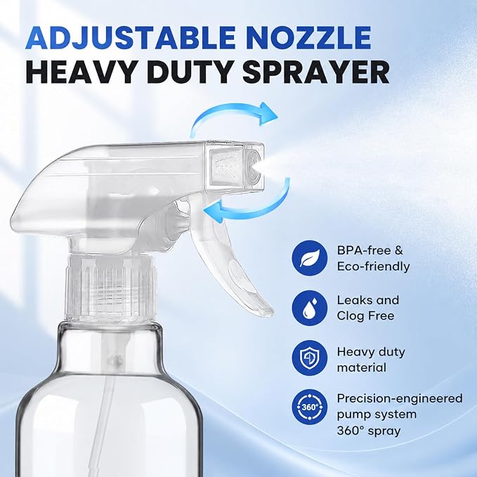 12oz Glass Spray Bottles 2 Pack, 360° Any-Angle Spraying | Refillable Leak-proof Bottles with Adjustable Nozzle; Ideal for Cleaning, Essential Oils, Plants & Hair Care