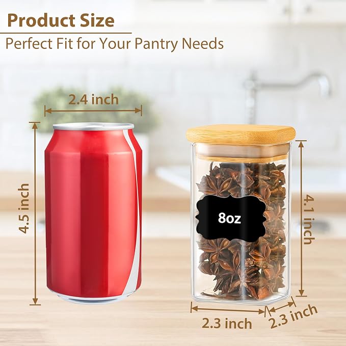 TBWIND 12 Pack 8 oz Square Glass Spice Jars with Lids and Labels – Airtight Small Spice Containers Set, Clear Glass Storage Jars for Seasoning, Spices, Kitchen Pantry Organization