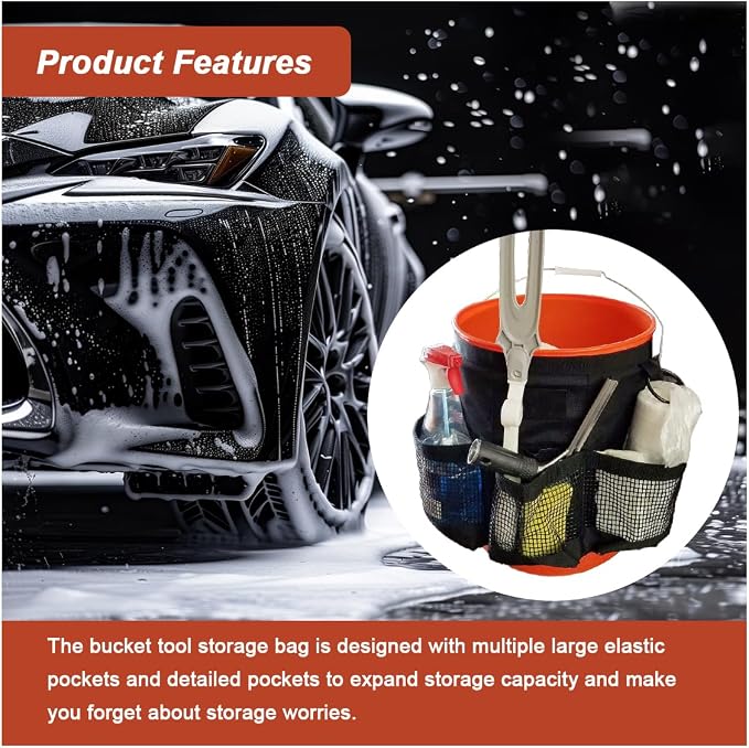 5 Gallon Bucket Tool Organizer Bag with Mesh Storage Pockets | Multi-Purpose Car Bucket Wash Tool, Universal Vehicle Cleaning Supplies Accessories for Home, Gardening, Fishing