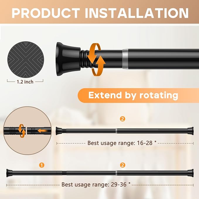 Spring Tension Curtain Rod 18-36 inch, Adjustable Small Curtain Rod No Drilling, Black Spring Loaded Curtain rods for Window Doorway