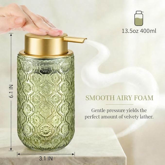 Green and Gold Glass Foaming Hand Soap Dispenser | Matte Gold Pump Embossed Glass Bottle Refillable Bathroom Kitchen Decor 13.5 oz