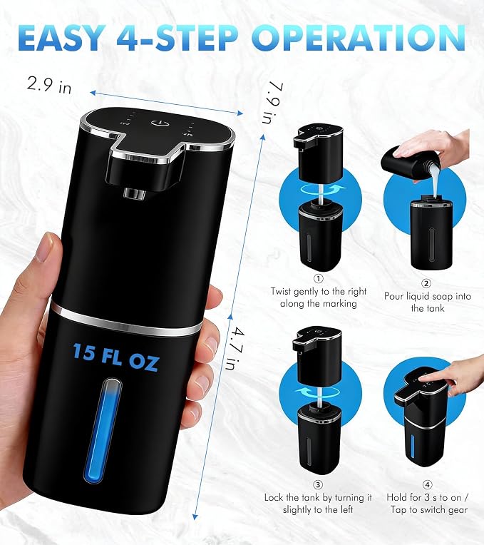 RYTOXILO Automatic Soap Dispenser Touchless, 2 Pack Black Auto Soap Dispensers for Bathroom and Kitchen, 15 Fl Oz Plastic Electric Dish Liquid Dispensers Wall Mount with 1200 mAh Battery