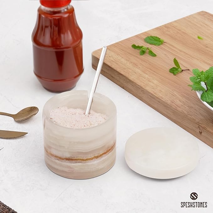 Marble Salt Cellar 3 Inch Cream Onyx Salt Containers for Countertop, Sugar Bowl With Lid, Salt Holder, Spice Jars, Salt Box for Seasoning Storage Container, Salt Dish for Kitchen Decor