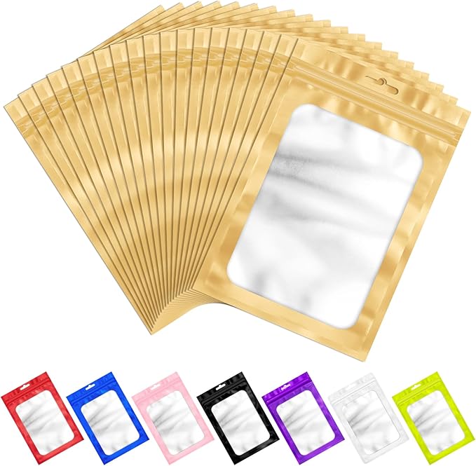 ANZNKU 100 PCS Resealable Mylar Bags with Frosted Clear Window Packaging Bags Foil Pouch Zipper Bag for Food Self Sealing Storage Supplies (7.08x10.24, Light Gold)