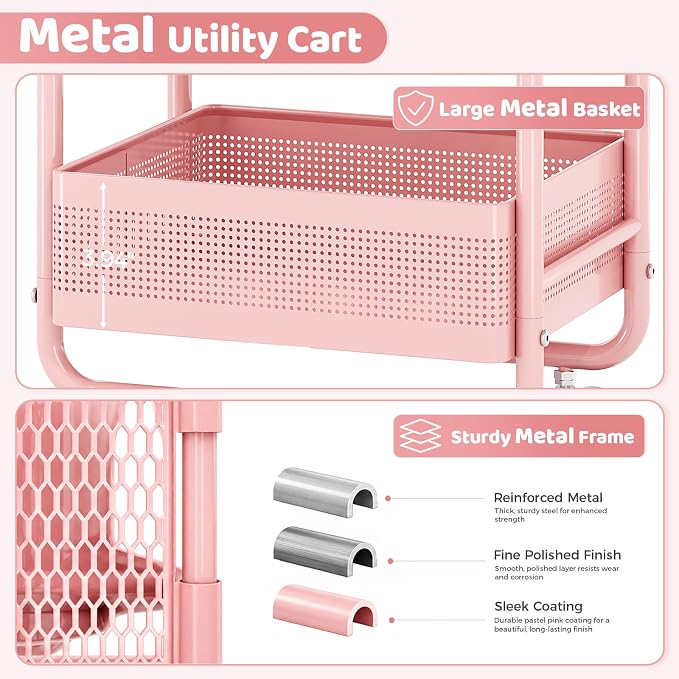 Metal Rolling Storage Cart with 3 Drawers - Utility Cart on Wheels with Pegboard & Wood Tabletop, Multifunctional Trolley Organizer with Hooks & Bin for Living Room,Bedroom,Craft Room,Office,Kids Room