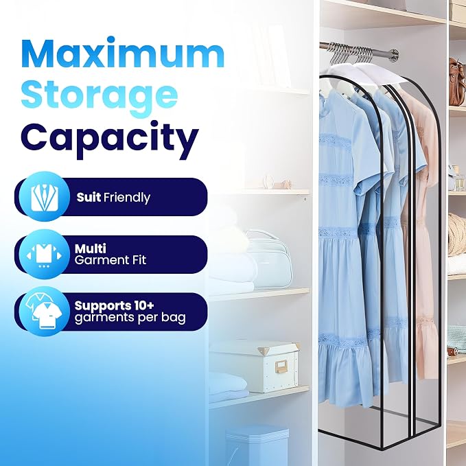Clear Garment Bags for Clothes Storage - 1-Pack Plastic Hanging Covers and Clothing Protectors, Long Dress Suit Jacket Closet Cover Dust Proof Garment Bag Set for Organized Wardrobe Storage (40")