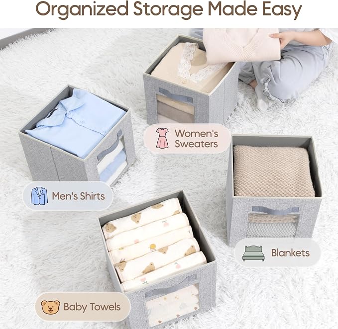Homsorout Foldable Storage Cubes - Square Organizer with Window, Decorative Baskets for Organizing, Fabric shelf Basket for Clothes, 11 Inch Closet Storage Cubes, Set of 12, Light Grey