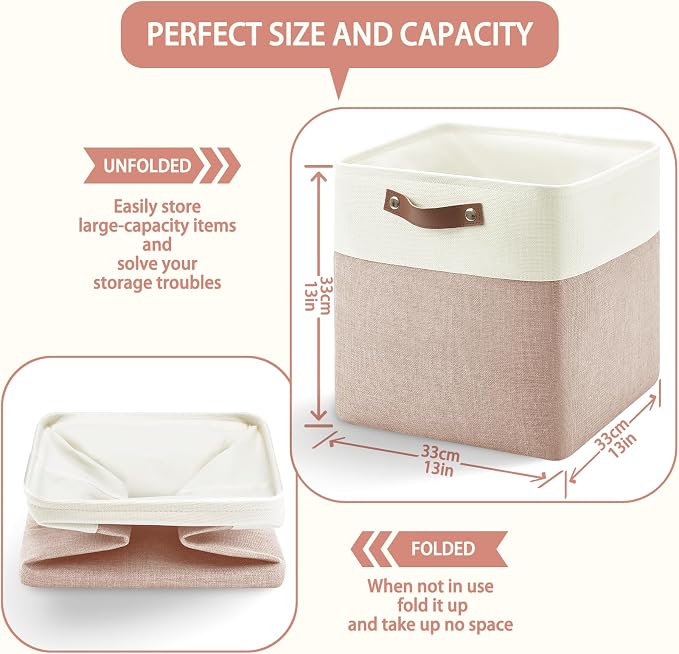 Patvingot Fabric Storage Cubes 13", 4 Pack, with PU Pull Handles,Foldable | For accessories on cube shelves or in closets; reinforced opening, pull-out access, folds flat when empty,white and pink