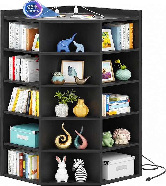 Aheaplus Corner Cube Book Shelf, 6-Tier Corner Cabinet with Power Outlets, Corner Cube Storage Shelf with Top Table, Wooden L Shaped Cubby Bookcase for Home Office, Bedroom, Living Room, Black