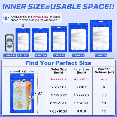 100 PCS Resealable Mylar Bags with Frosted Clear Window Packaging Bags Foil Pouch Zipper Bag for Food Self Sealing Storage Supplies (4.72x7.87, Blue)
