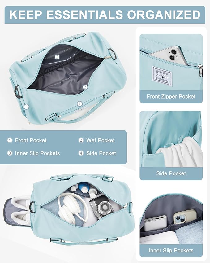 Gym Bag Womens Mens with Shoes Compartment and Wet Pocket Travel Duffel Bag for Women for Plane Sport Gym Tote Bags with Toiletry Bag Waterproof Weekend Overnight Carry on Bag Hospital Holdalls