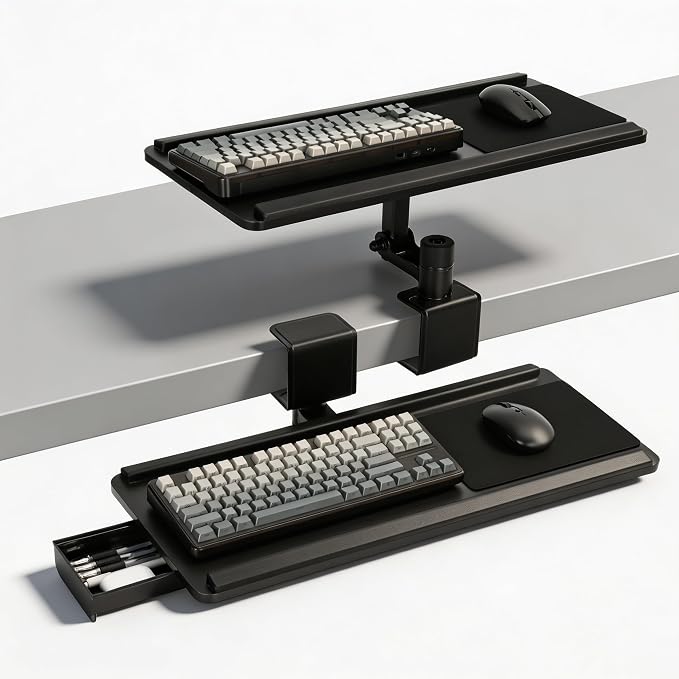 Adjustable Under Desk Keyboard Tray with Drawer, 25"×10.6" Ergonomic 360° Rotating Keyboard Stand with Wrist Rest, Clamp On Keyboard Tray and Mouse for Office Gaming Studying