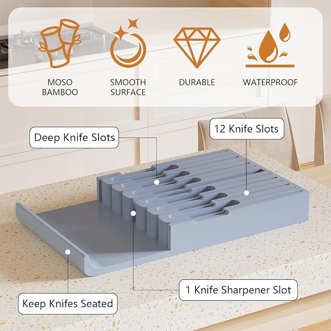 Domax Bamboo In-Drawer Knife Block Kitchen Knife Organizer Insert for 12 Knives and 1 Sharpening Steel(Not Included), Steak Knife Holder, Gray
