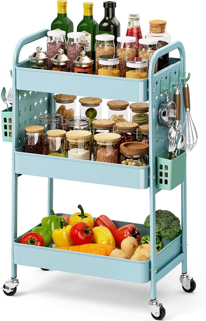 KINGRACK 3 Tier Rolling Cart with DIY Pegboard, Metal Utility Cart with Wheels, Hooks & Baskets, Sturdy Storage Organizer for Craft, Bathroom, Kitchen, Office, Nursery, Classroom（Blue）