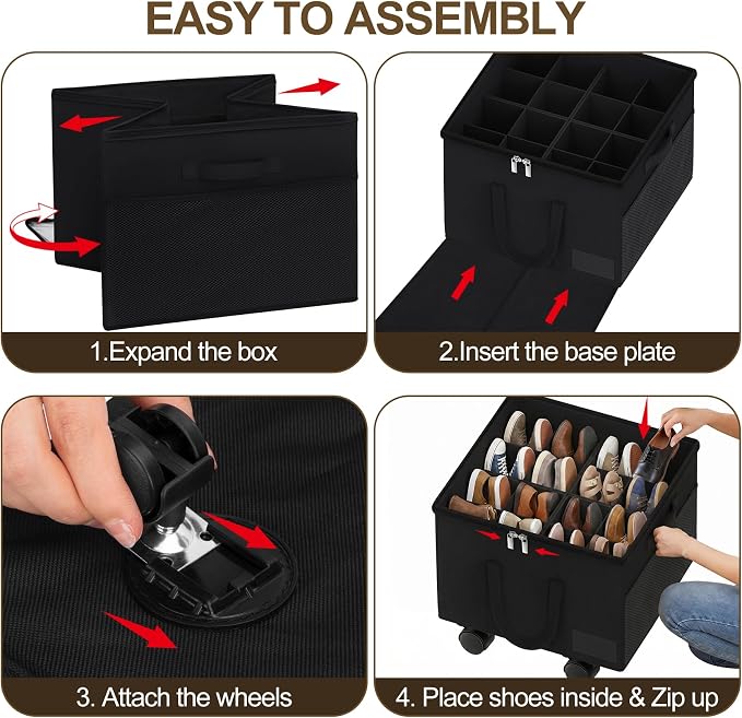 Large Shoe Organizer for Closet, 16 Pairs Shoe Storage Box with 360° Wheels & Reinforced Handles, Adjustable Dividers, Clear Cover, Side Pocket, Foldable Oxford Fabric Bin for Entryway, Black