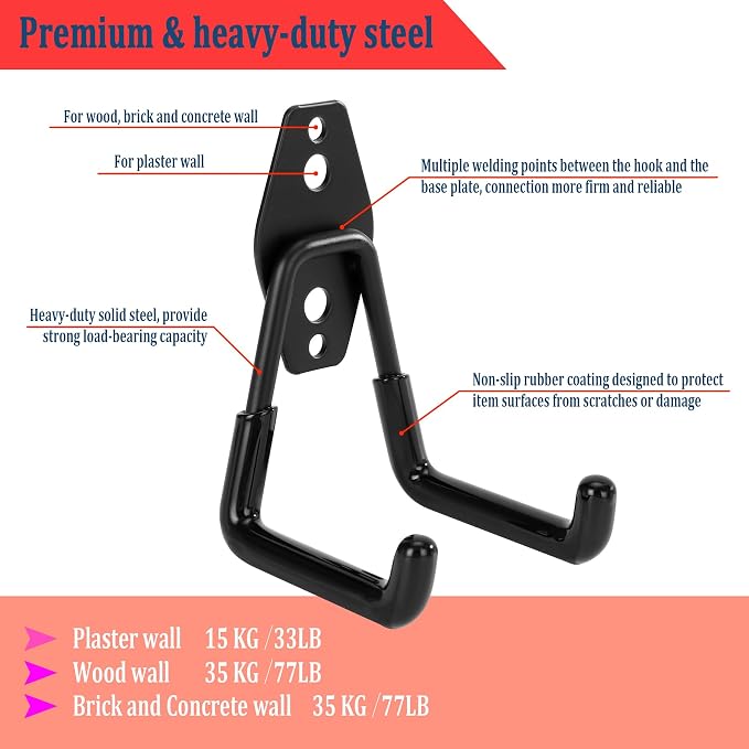 8 Pack Garage Hooks Heavy Duty, Garage Tool Organizer Wall Mount | Utility Organizer, Steel Utility Storage Hooks for Ladders, Garden Tools, Bike, Ropes, Bulk Items