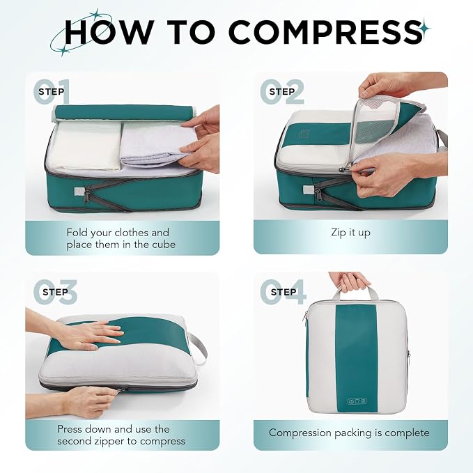 OlarHike 10 Set Compression Packing Cubes for Travel Essentials,Compressible Expandable Space Saver Bags for Organizing Clothes,Luggage Garment Bags with Over 1000 pcs Mesh Holes(Dark Blue Green)
