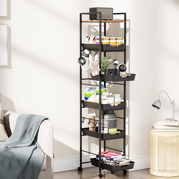 6-Tier Slim Rolling Storage Cart with Wheels, Metal Organizer Tall Rolling Cart, Wood Top Narrow Mobile Utility Cart with Pull-Out Baskets for Kitchen, Bathroom, Laundry Room, 13in(W) Black