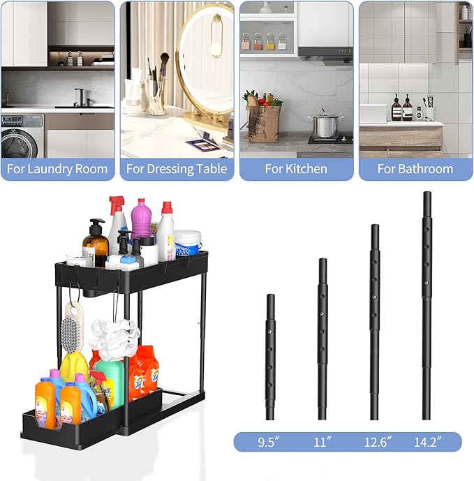 Under Sink Organizers and Storage, 2 Tier Black Bathroom Cabinet Organizer with 4-Height Adjustable Telescopic Tube,4 Removable Dividers,4 Hooks,1 Cup, Kitchen Under Sink Organizer,1 Pack