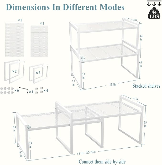 Set of 2 Cabinet Organizers 12.8''W 44 LBS Load Capacity Heavy Duty Kitchen Pantry Shelves Counter Countertop Storage Racks