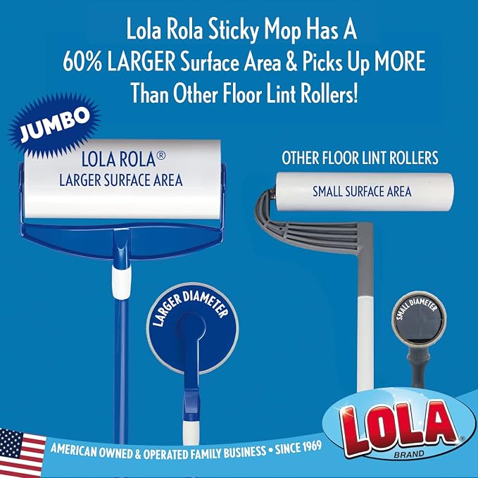 LOLA Rola PET Hair Remover Sticky Mop, Giant Floor Lint Roller, 9.5" x 3.5", Extender Handle, Largest Head, Traps Hair, Dust, Dirt, Extra Sticky Sheets