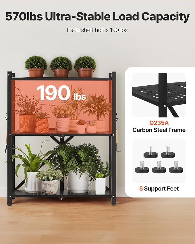 VEVOR 3-Tier Foldable Storage Shelf, 28W x 13D x 36H Inch Folding Metal Rack Shelving Unit, No Assembly Organizer Shelf with 5 Wheels & 4 Hooks for Pantry, Kitchen, Garage, Basement, Black