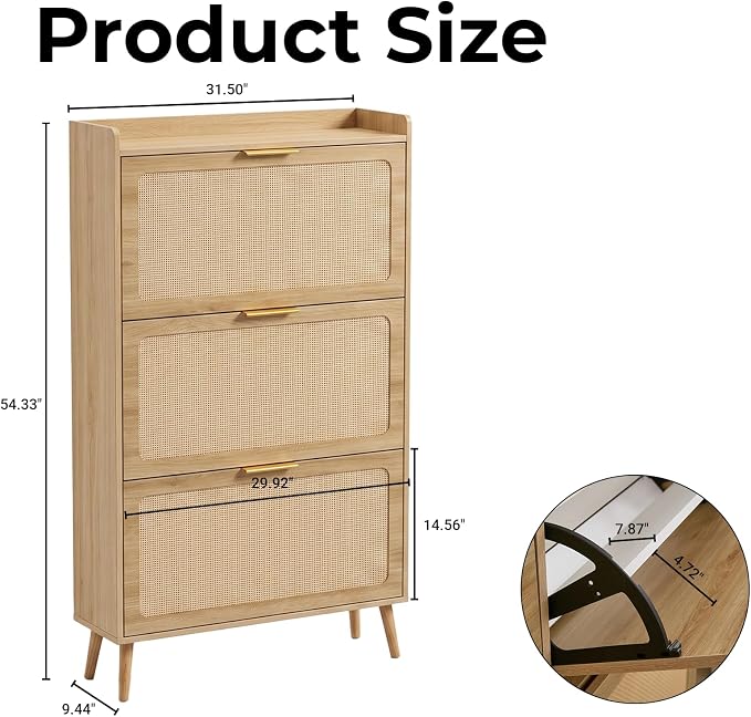 Shoe Storage Cabinet for Entryway, Slim Freestanding Rattan Shoe Cabinet with 3 Flip Drawers, Hidden Shoe Organizer Cabinet, Narrow Shoe Rack, Farmhouse Design