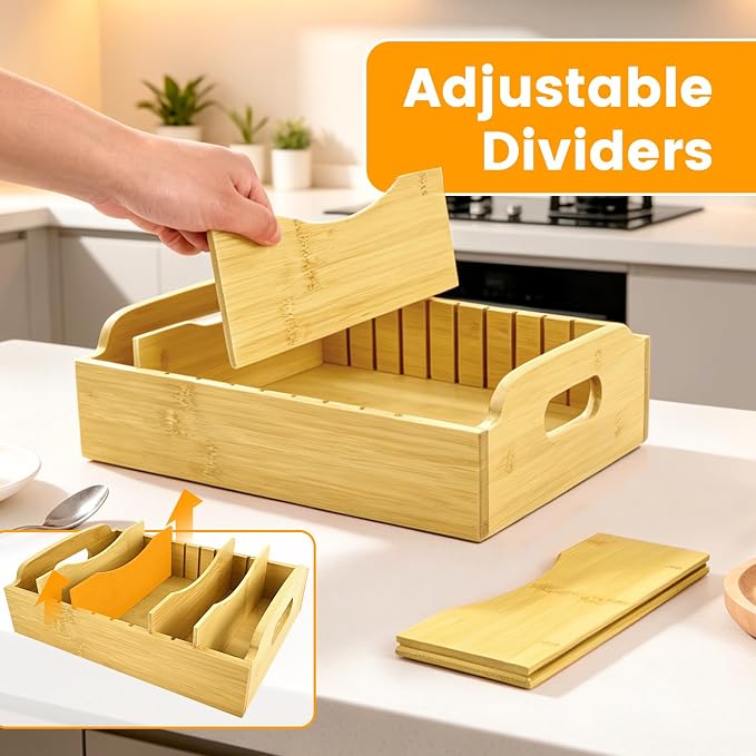 Artcochan Bamboo Lid Organizer, 13.2" x 10"Food Storage Container Lid Holder with 5 Adjustable Dividers, Kitchen Storge and Organization Rack for Cabinet Drawer and Countertop