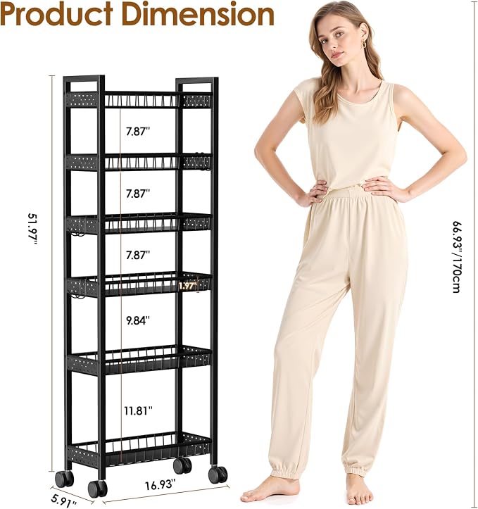6 Tier Slim Storage Cart, Narrow Rolling Cart with Wheels, 6in(W) | Narrow Mobile Utility Shelf Unit Organizer for Kitchen, Bathroom, Laundry Room, Living Room, Small Places, Black
