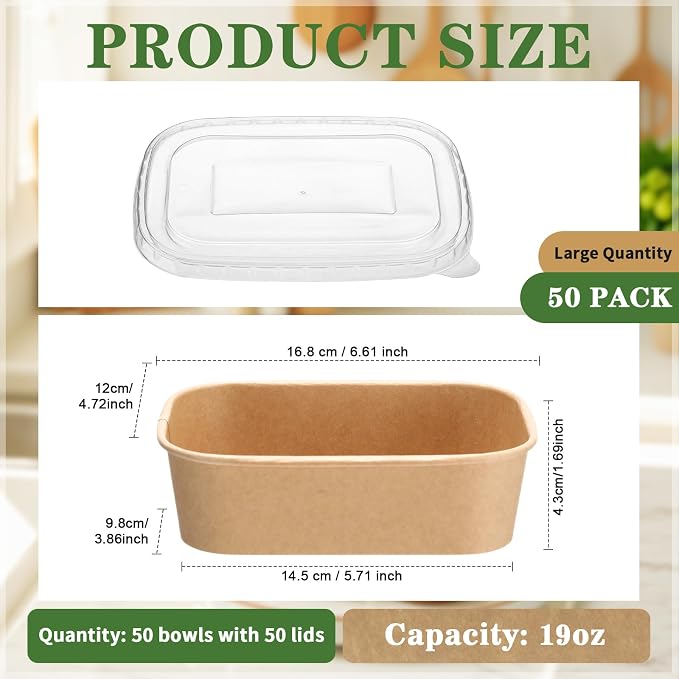 Maxdot 50 Pack 19 oz Disposable Food Containers with Lids Paper Food Containers Bowls for Meal Prep, Salad, Ice Cream, Yogurt, Soup Bowls Party Leftover Box