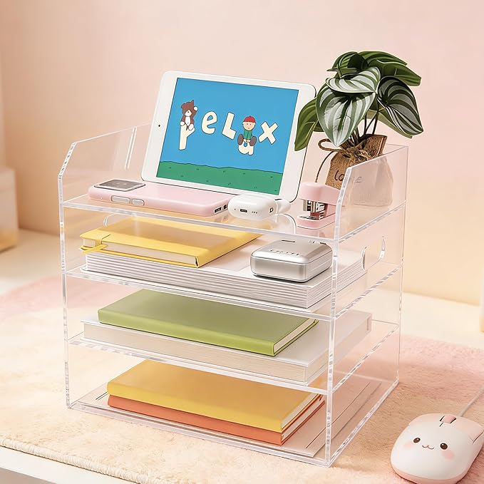 Paper Tray Organizer for Desk, 4 Tier Acrylic Desk Organizers and Accessories, One-Piece Integrated A4 Paper Organizer with Handles, Crystal-Clear Letter Tray & Office File Holder, Books Notes