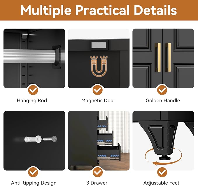 Polup Metal Armoire Wardrobe Closet with Three Drawers, 71“ Tall Large Wardrobe Cabinet with Doors and Hanging Rod, Freestanding Steel Clothes Cabinet for Bedroom, Office, Laundry Room, Black