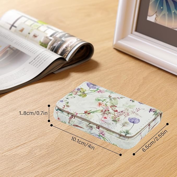 Business Card Holder，PU Leather Business Card Case Color Printing Pattern Card Holder Wallet，Pockets Magnetic Credit Card Holders for Men and Women - White Flowers